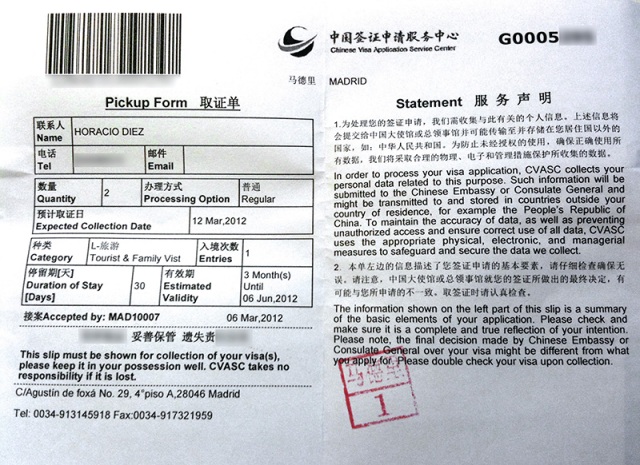 Recibo para recoger el visado de turista en China